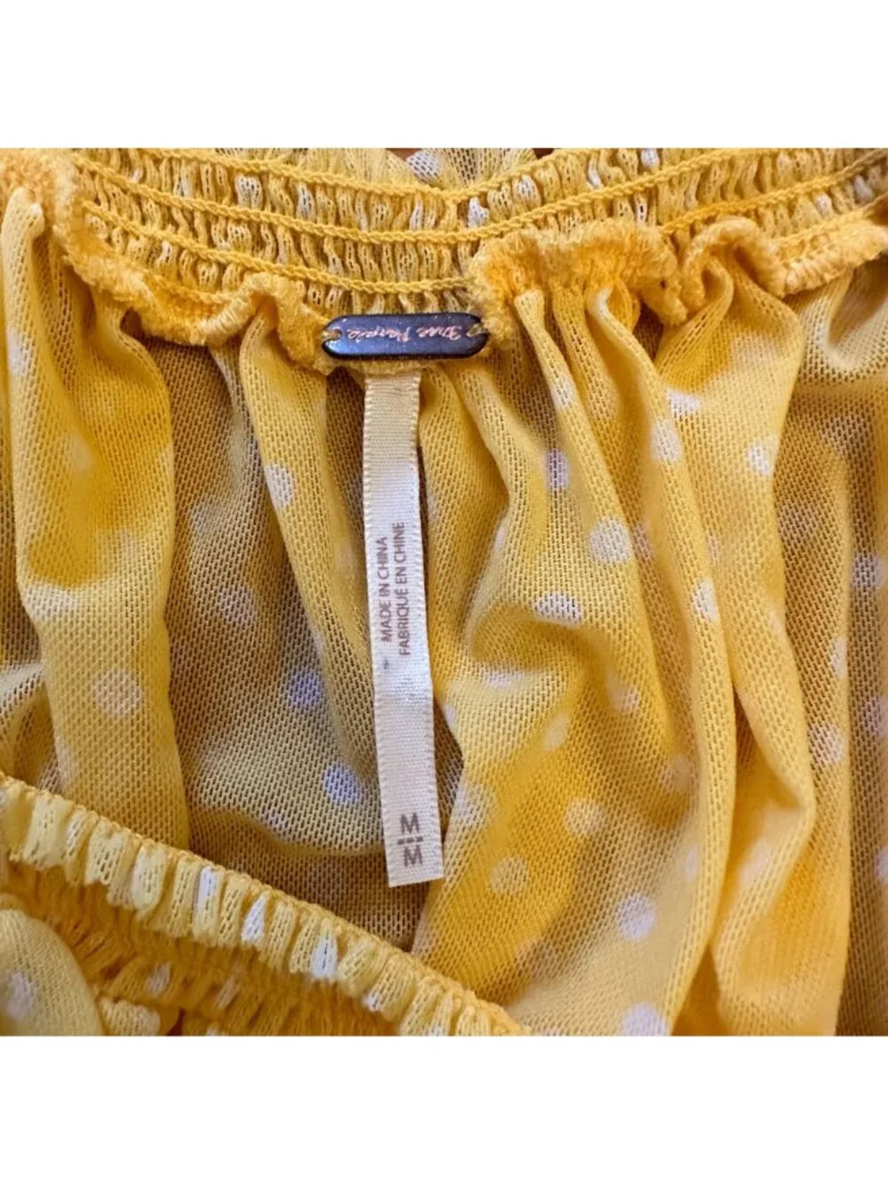 Free People Medium Butter Yellow Ruffle Off Shoulder Polka Dot long sleeve Crop